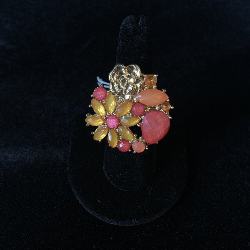 Yellow, Pink, Silver Tone, Flower Ring